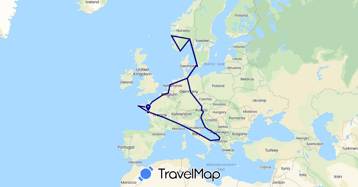 TravelMap itinerary: driving in Albania, Austria, Bosnia and Herzegovina, Belgium, Germany, Denmark, France, Croatia, Italy, Netherlands, Norway, Sweden, Slovenia (Europe)