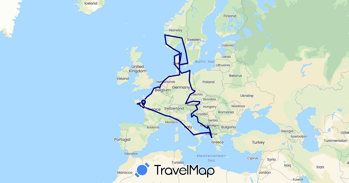 TravelMap itinerary: driving in Albania, Austria, Belgium, Czech Republic, Germany, Denmark, France, Croatia, Italy, Montenegro, Netherlands, Norway, Sweden, Slovenia (Europe)